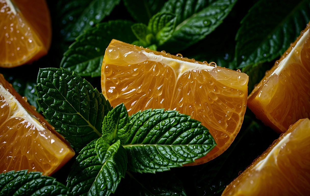 Macro texture of fresh citrus and mint